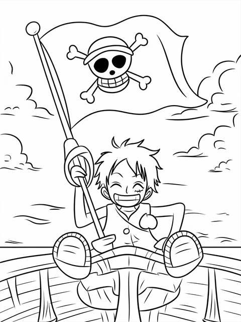 Luffy from one piece holding a flag with a skull, smiling on a ship