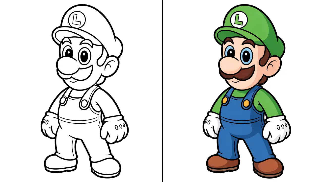 Luigi coloring page image: a two-panel comparison, colored and uncolored