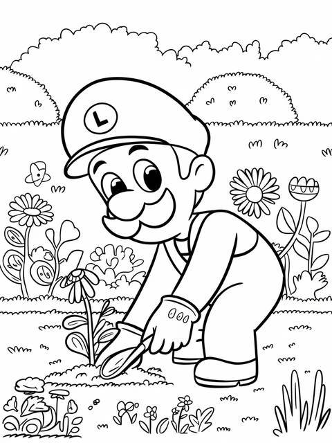 Luigi gardening, wearing gloves, tending flowers in a garden, from a coloring page