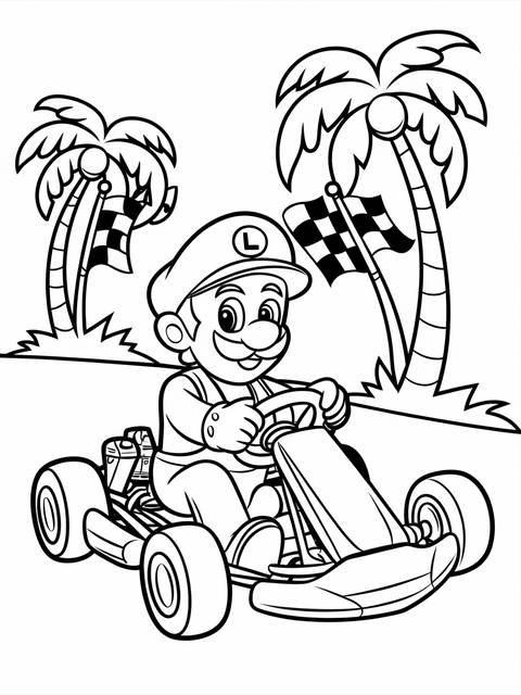 Luigi in his classic racing suit, driving a kart on a tropical track