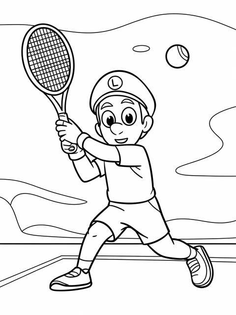 Luigi from the mario series playing tennis, mid-swing, with a tennis ball
