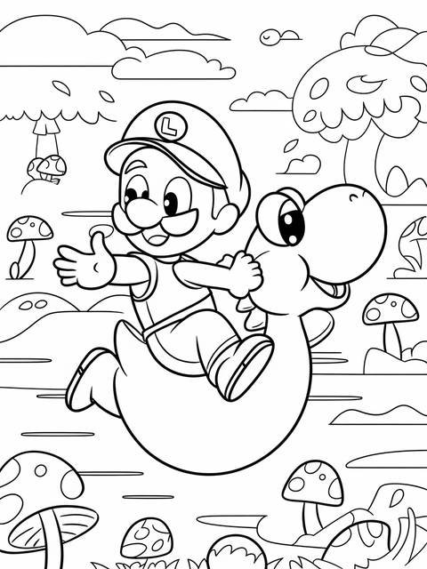 Luigi riding yoshi happily, navigating a whimsical landscape with mushrooms and clouds