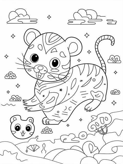 Lunar new year coloring page of a cute zodiac animal tiger with clouds and stars