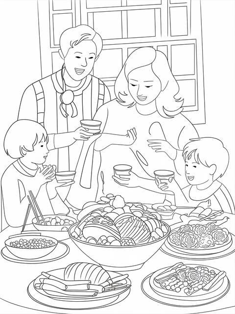 Lunar new year family gathered around a table, enjoying a meal together