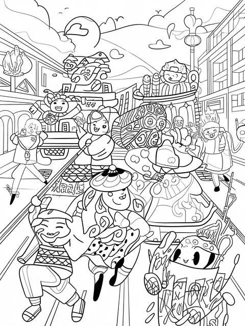 Black and white illustration of a lunar new year street parade with joyful figures