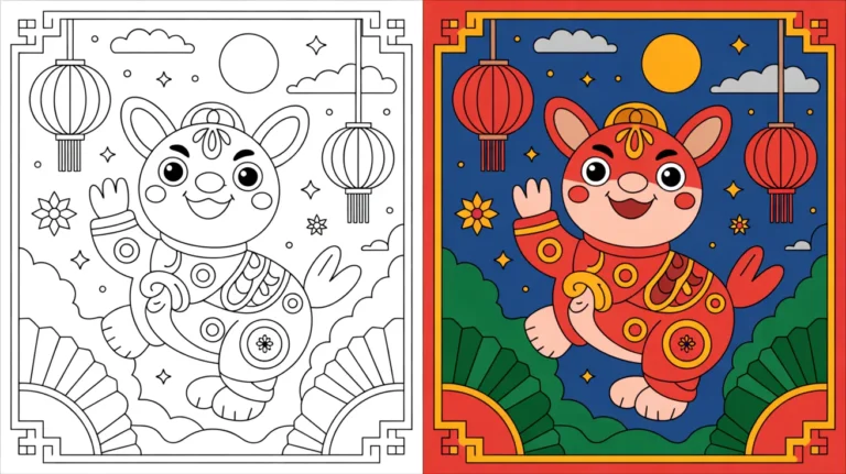 Lunar new year coloring page featuring a rabbit with lanterns and festive decorations