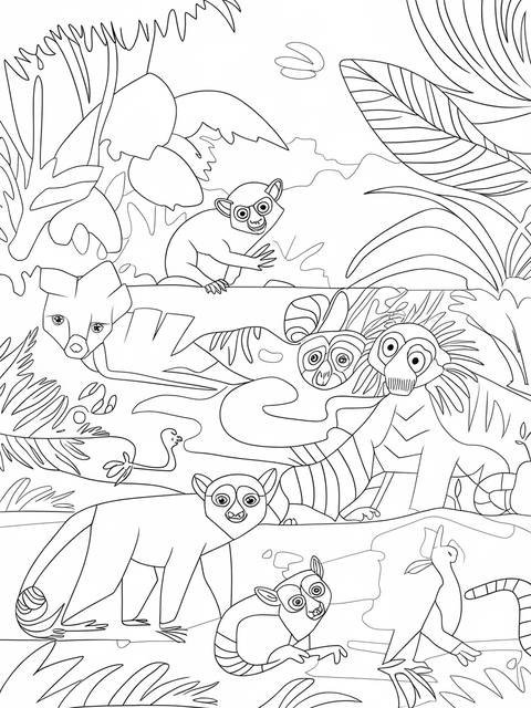 Madagascar safari scene coloring page featuring lemurs and other wildlife in a jungle