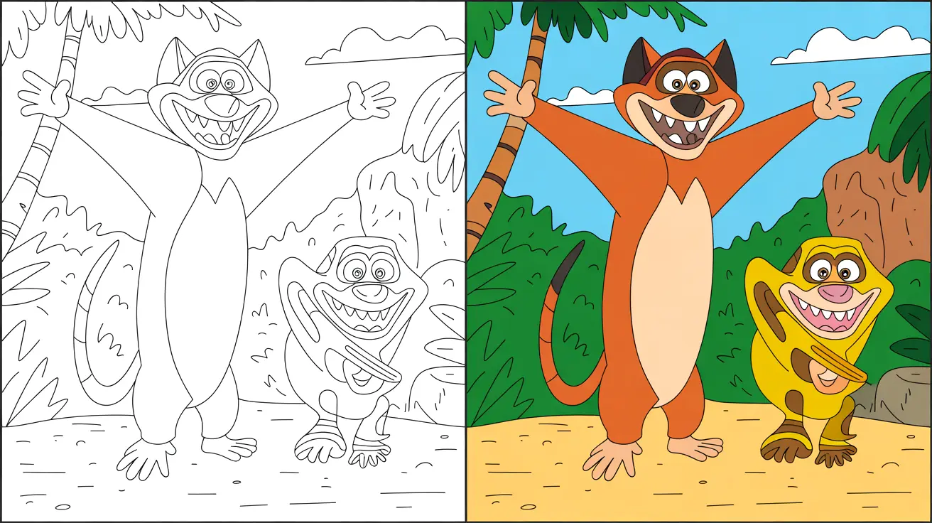 Madagascar coloring page featuring two cartoon lemurs with open arms and smiling