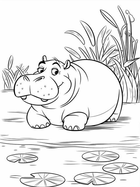 Line art coloring page of gloria the hippo from madagascar, resting near lily pads