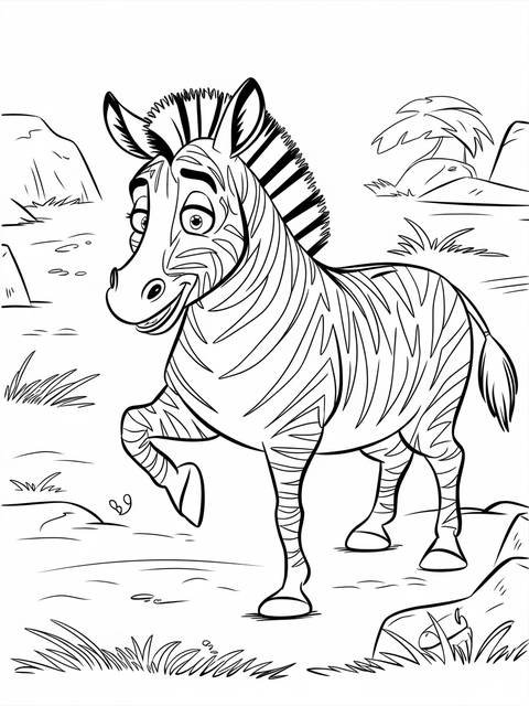Line art of marty the zebra from madagascar, smiling and lifting a leg