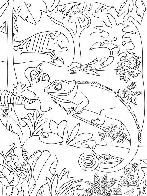 Coloring page depicting rainforest animals, including a lizard, in madagascar