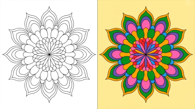 Mandala coloring page, featuring a symmetrical floral design in black and color