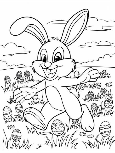 A joyful bunny hopping through a field with easter eggs, a coloring page