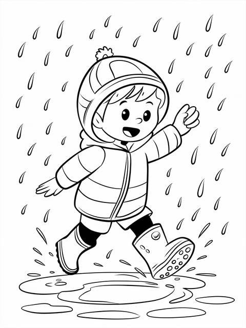 March: an adventurous child in rain boots playing in puddles during a downpour