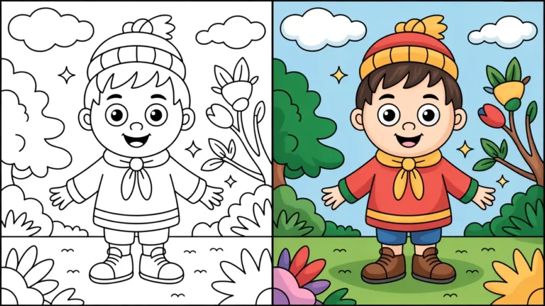 March coloring page cover: a cheerful child in winter attire, with a two-panel design