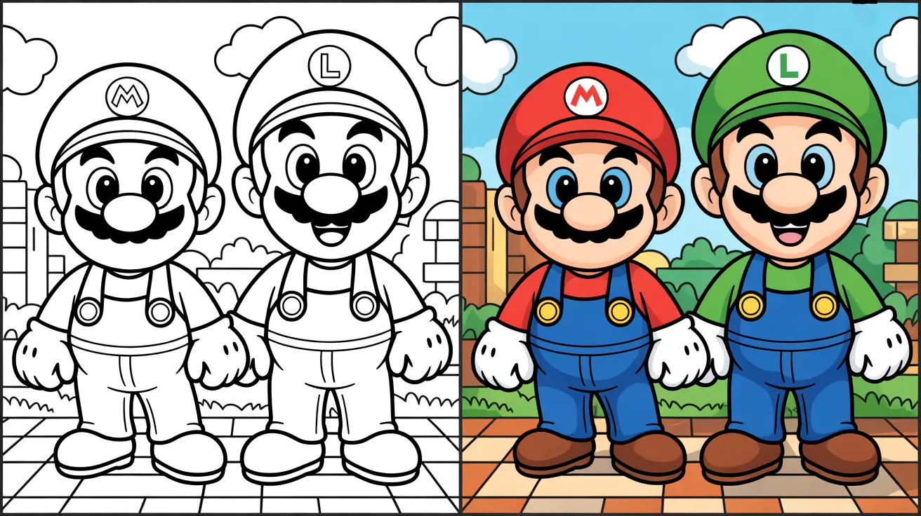 Mario and luigi coloring page, featuring the iconic video game characters side-by-side