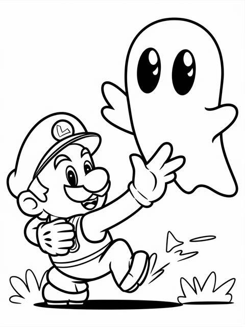 Luigi from mario and luigi facing a ghost courageously in a coloring page