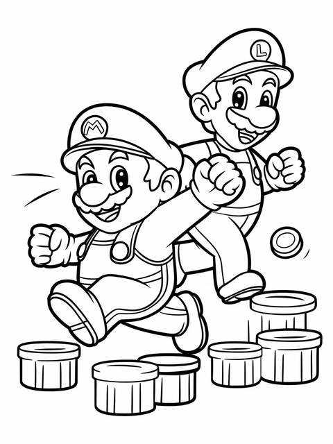 Mario and luigi collecting coins, a coloring page cover illustration