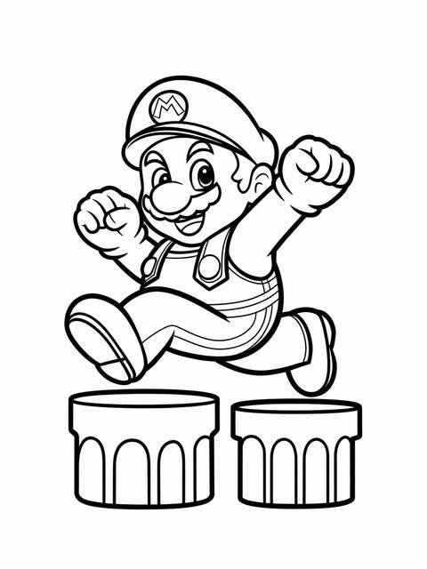 Mario jumping over obstacles, a coloring page based on the video game character