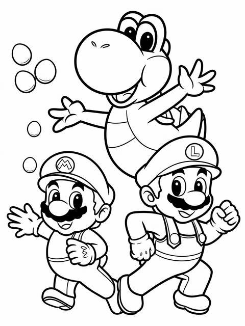 Mario and luigi with yoshi, aiding each other in a dynamic coloring page