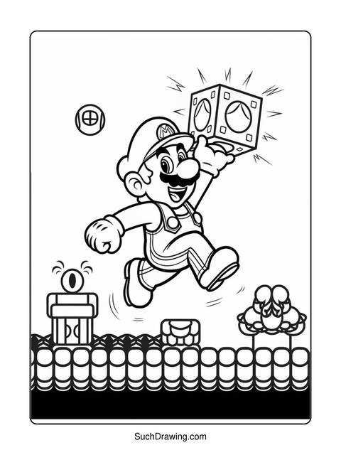 Mario jumping and holding a block, from the popular video game series