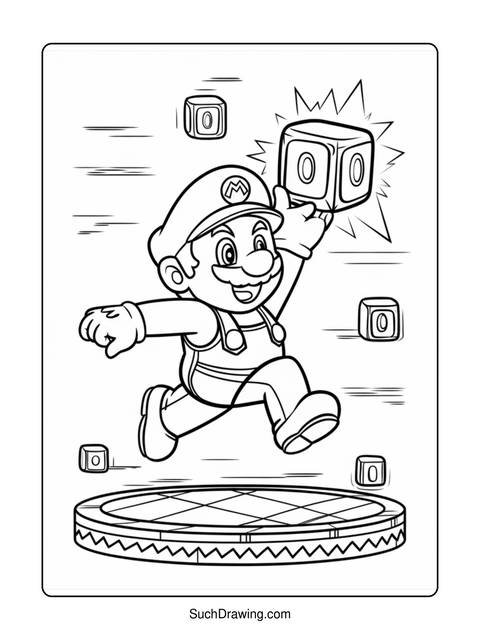 Mario jumping to grab a cube, on a platform with other cubes