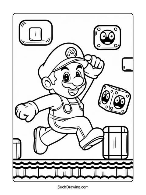 Mario, the iconic video game character, jumping in a coloring page