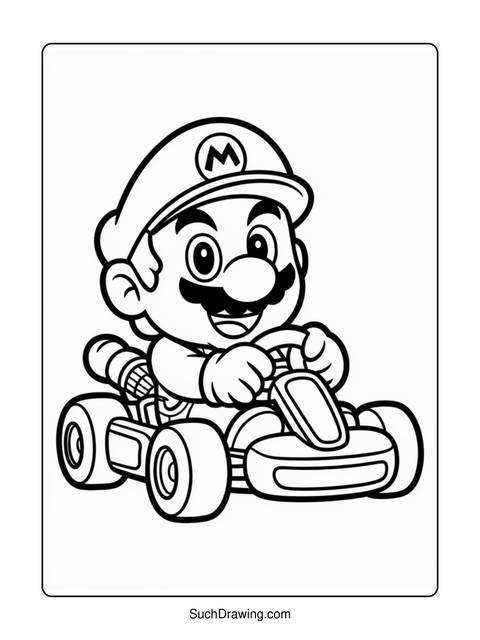 Mario in a kart, ready to race, outlined for coloring