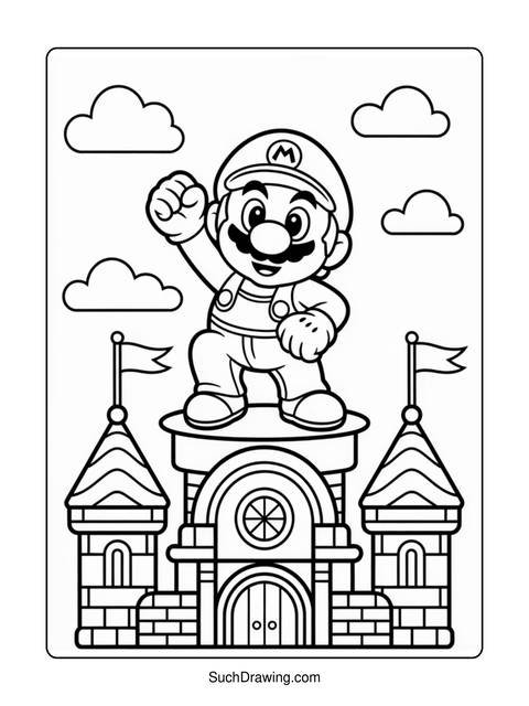 A coloring page of mario standing on a castle with clouds