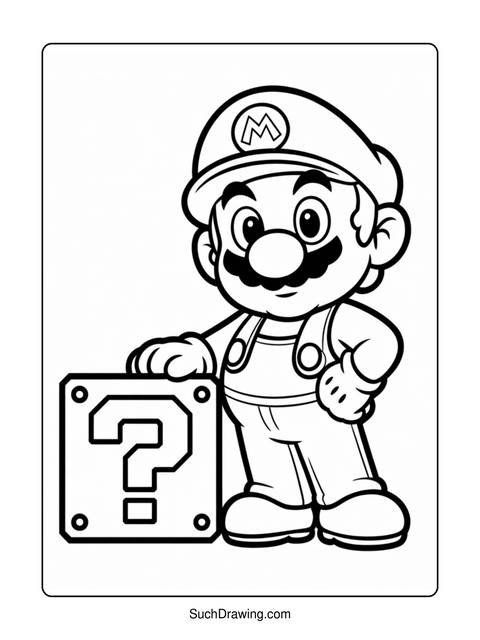 Black and white coloring page of mario standing next to a question mark block