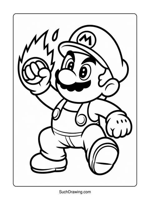 Black and white coloring page of mario holding a fireball in his hand