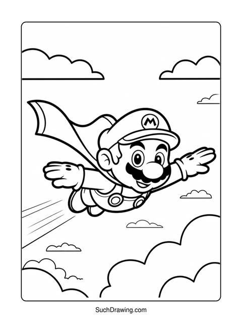 Mario flying in the sky with a cape, surrounded by clouds, ready for action