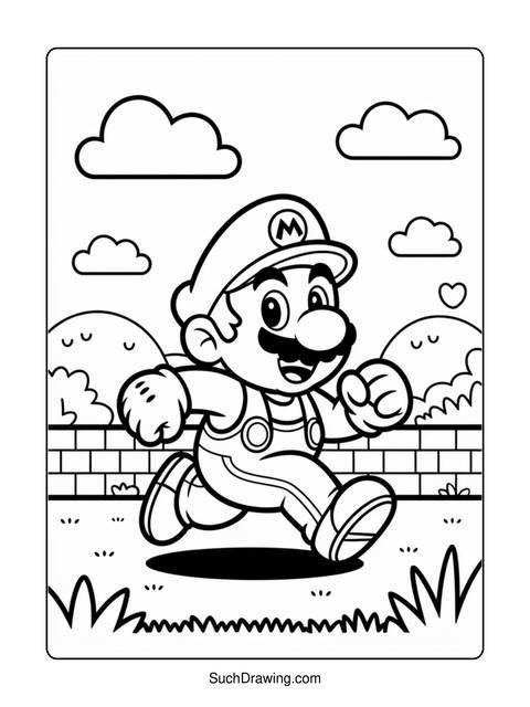 Black and white coloring page of mario running with clouds and grass