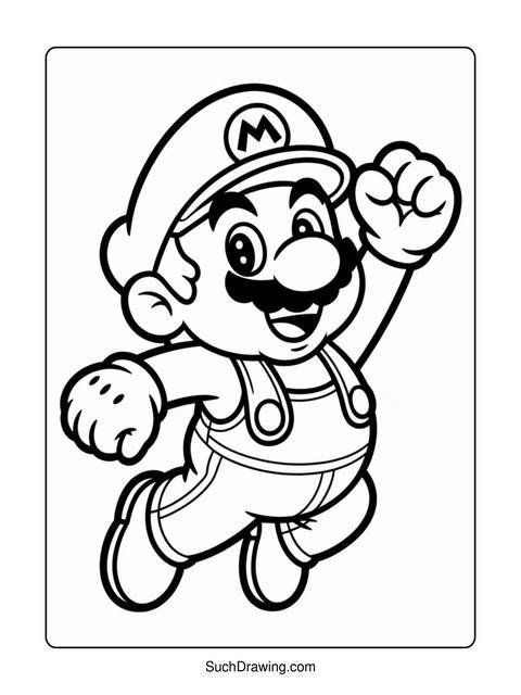 Black and white coloring page of mario jumping with a fist raised
