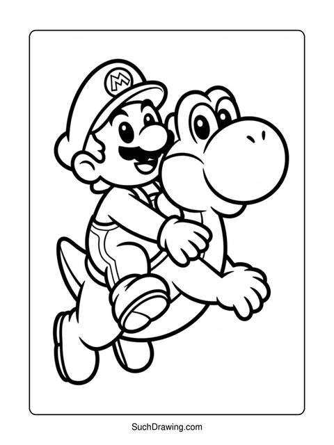 Black and white coloring page of mario riding yoshi, a friendly dinosaur