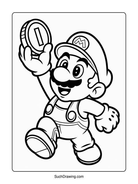 Mario holding a coin, a coloring page illustration in black and white
