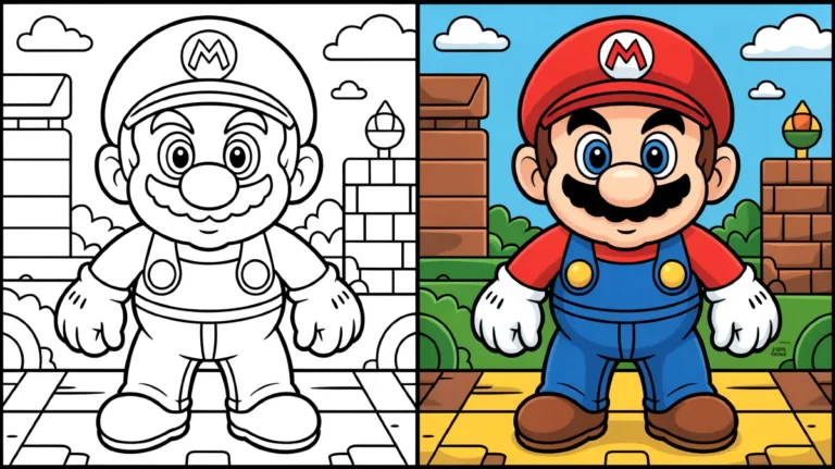 Mario coloring page: a split image showing colored and uncolored versions