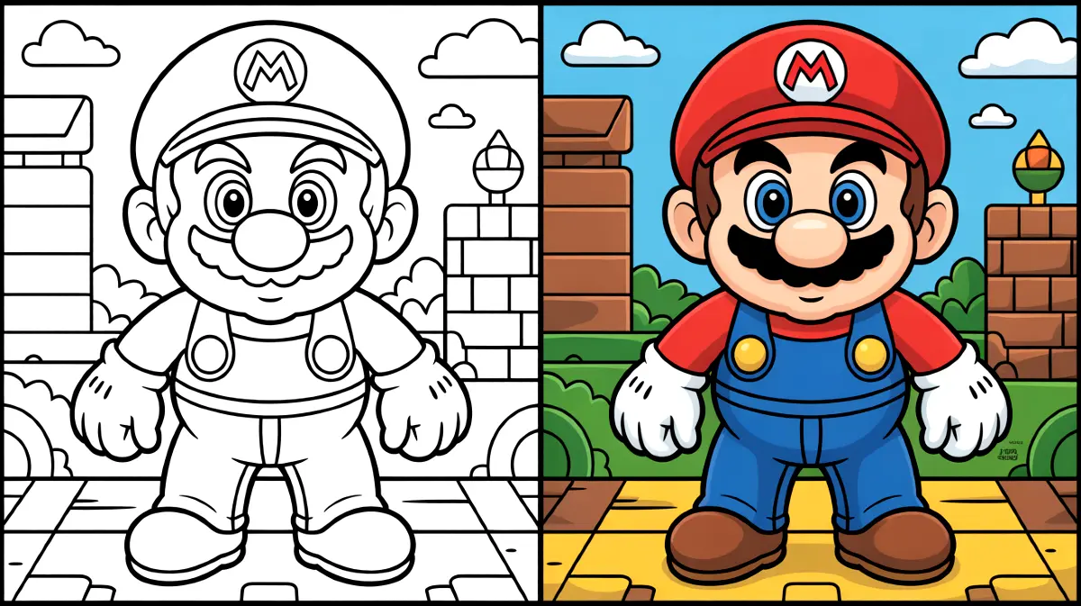Mario coloring page: a split image showing colored and uncolored versions