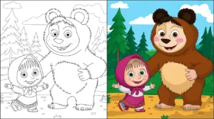 Masha and the bear coloring page featuring masha and the bear in a forest setting