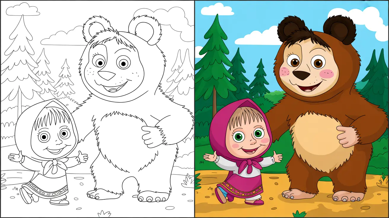 Masha and the bear coloring page featuring masha and the bear in a forest setting