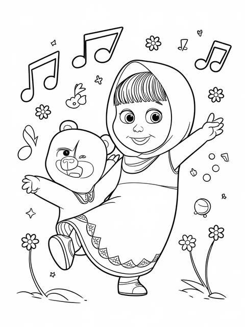 Masha and the bear dancing together, a coloring page illustration with musical notes