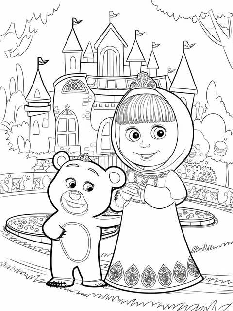 Masha dressed as a princess with the bear, standing in front of a castle