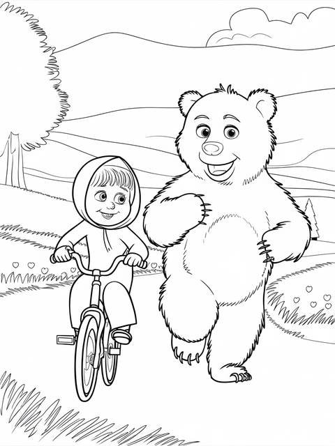 Masha from masha and the bear riding a bicycle with the bear nearby, outlined