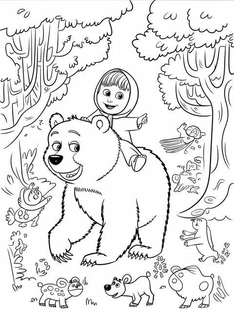 Masha is sitting on the bear in a forest scene, a coloring page