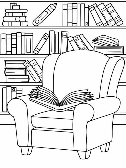 A cozy library coloring page featuring books on shelves and a comfortable armchair