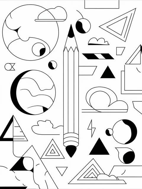 A giant pencil surrounded by geometric shapes, suitable for math-themed coloring