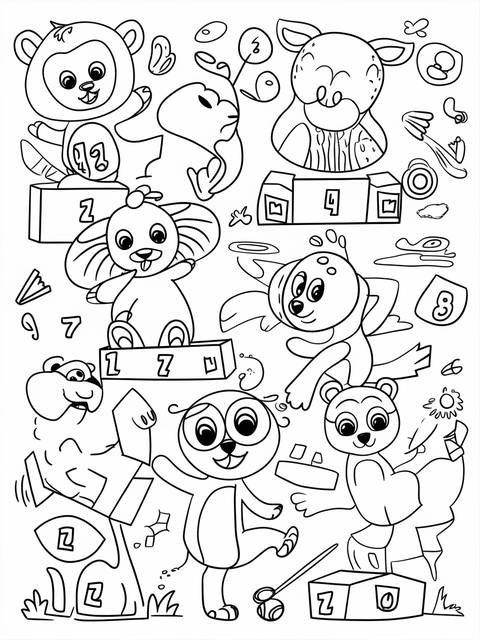A coloring page featuring playful animals learning math with blocks and numbers