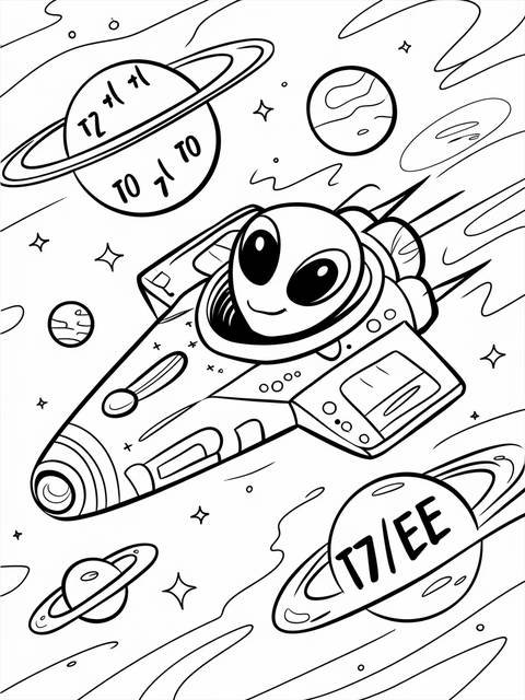 Playful alien spaceship zooming past planets in a math-themed space coloring page