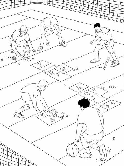 Math-themed sports scene with players, balls, and numbered squares for scoring