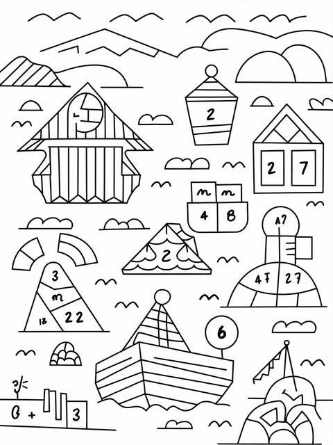 Black and white treasure map coloring page with math problems and a boat
